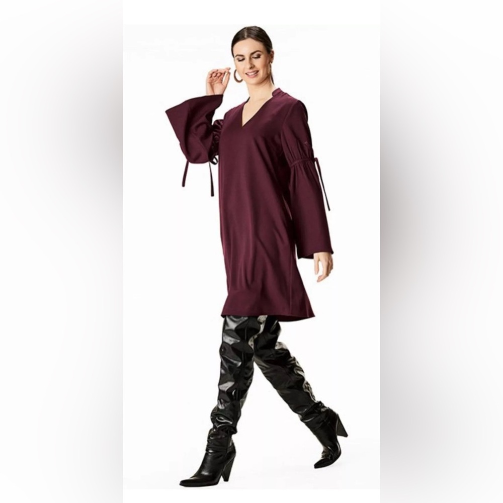 eShakti Women Dress 2X Purple Tie Sleeve Crepe Shift Midi Cottage Modest Career